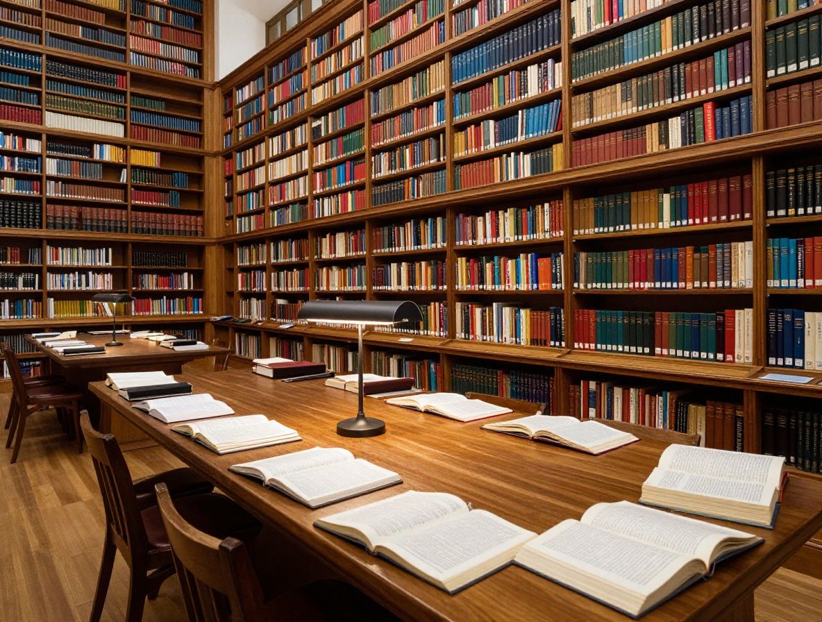 A large library interior with tall wooden bookshelves filled with books, a reading table with open journals, warm lamp light creating an atmosphere of scholarly research and accumulated knowledge