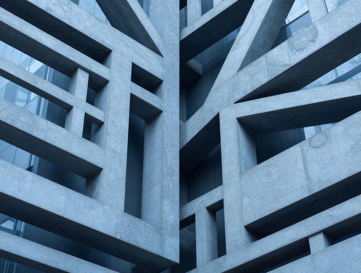 Abstract architectural composition of interlocking geometric forms and structural lines rendered in cool blue-grey tones, symbolising interconnected systems and mechanical principles