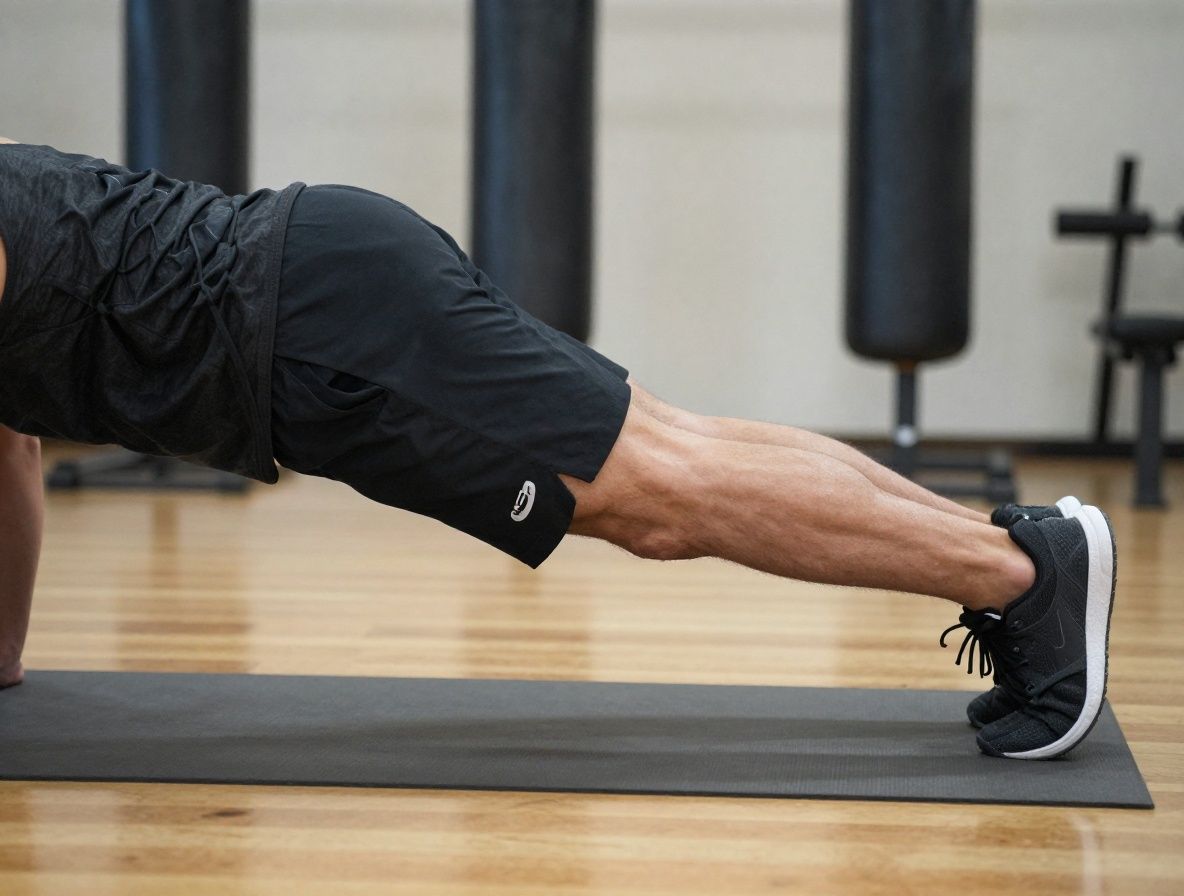 Close-up view of the torso of an active adult in sportswear holding a plank position on a polished gymnasium floor, illustrating isometric muscular engagement of the trunk