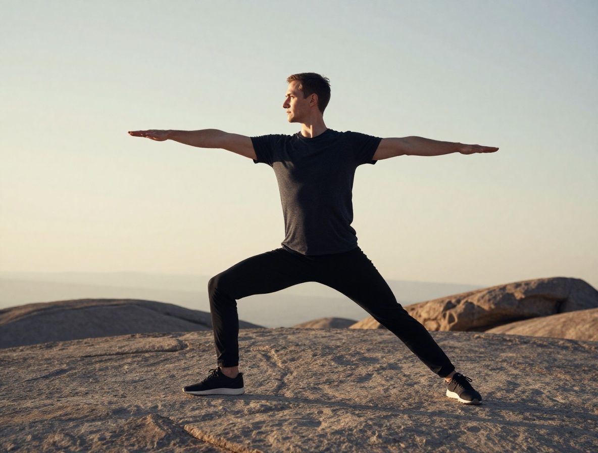 A person in a calm, wide-stance balanced pose on a natural stone surface outdoors, arms slightly extended, depicting physical equilibrium and coordination in soft morning light
