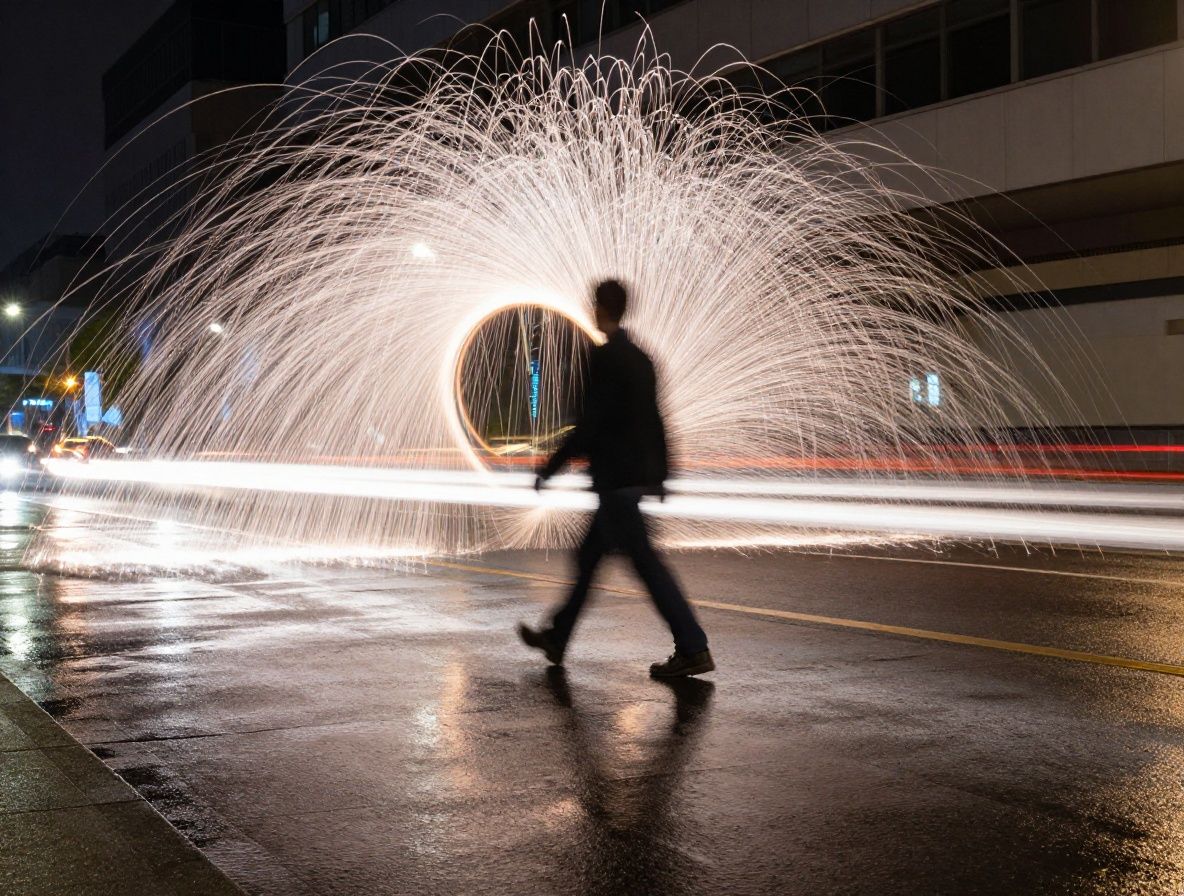 A long exposure photograph of a person walking through an urban environment at night, creating smooth light trails that trace the arc of movement through space, on a wet reflective pavement